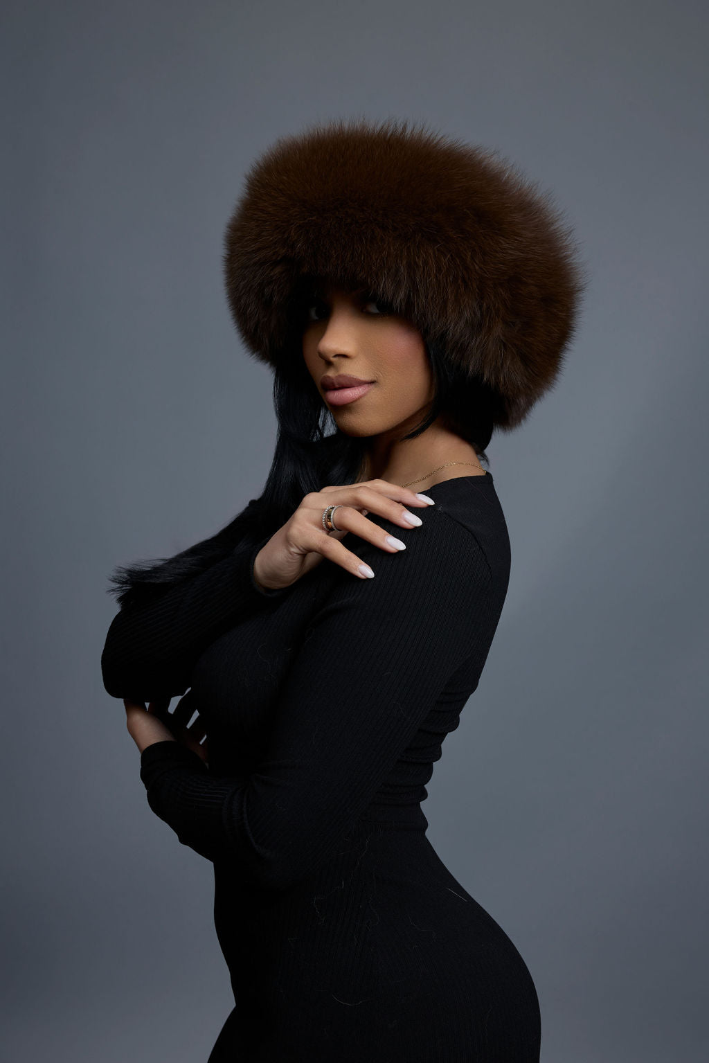 Women's Natalia Leather And Fox Russian Hat [Chocolate]