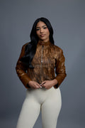 Women's Pony And Leather Biker Jacket [Brown]