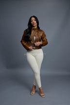 Women's Pony And Leather Biker Jacket [Brown]