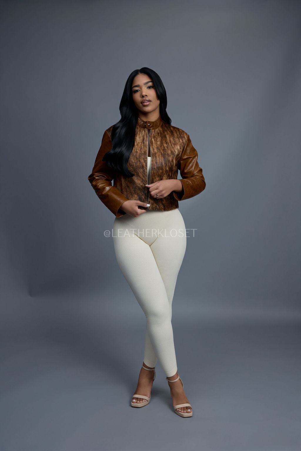 Women's Pony And Leather Biker Jacket [Brown]