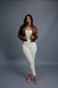 Women's Pony And Leather Biker Jacket [Brown]