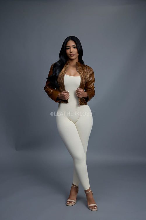 Women's Pony And Leather Biker Jacket [Brown]