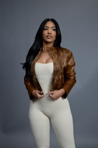 Women's Pony And Leather Biker Jacket [Brown]