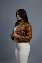 Women's Pony And Leather Biker Jacket [Brown]