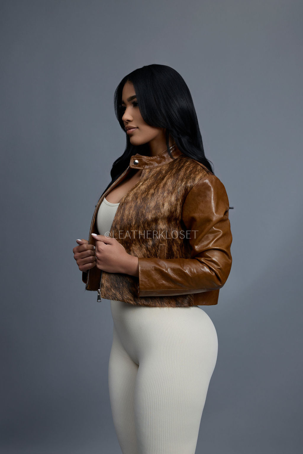 Women's Pony And Leather Biker Jacket [Brown]