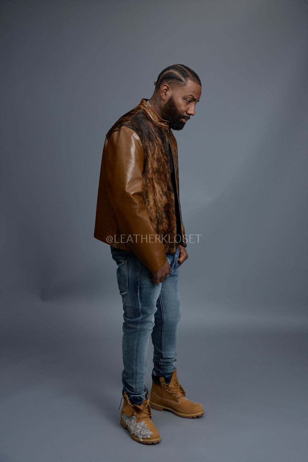 Men's Leather & Pony Biker Combo [Brown]