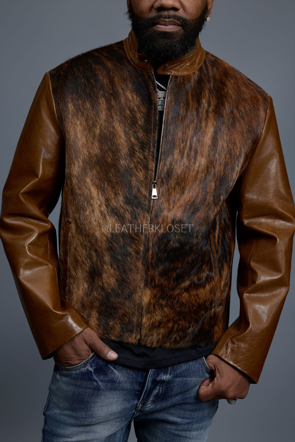 Men's Leather & Pony Biker Combo [Brown]