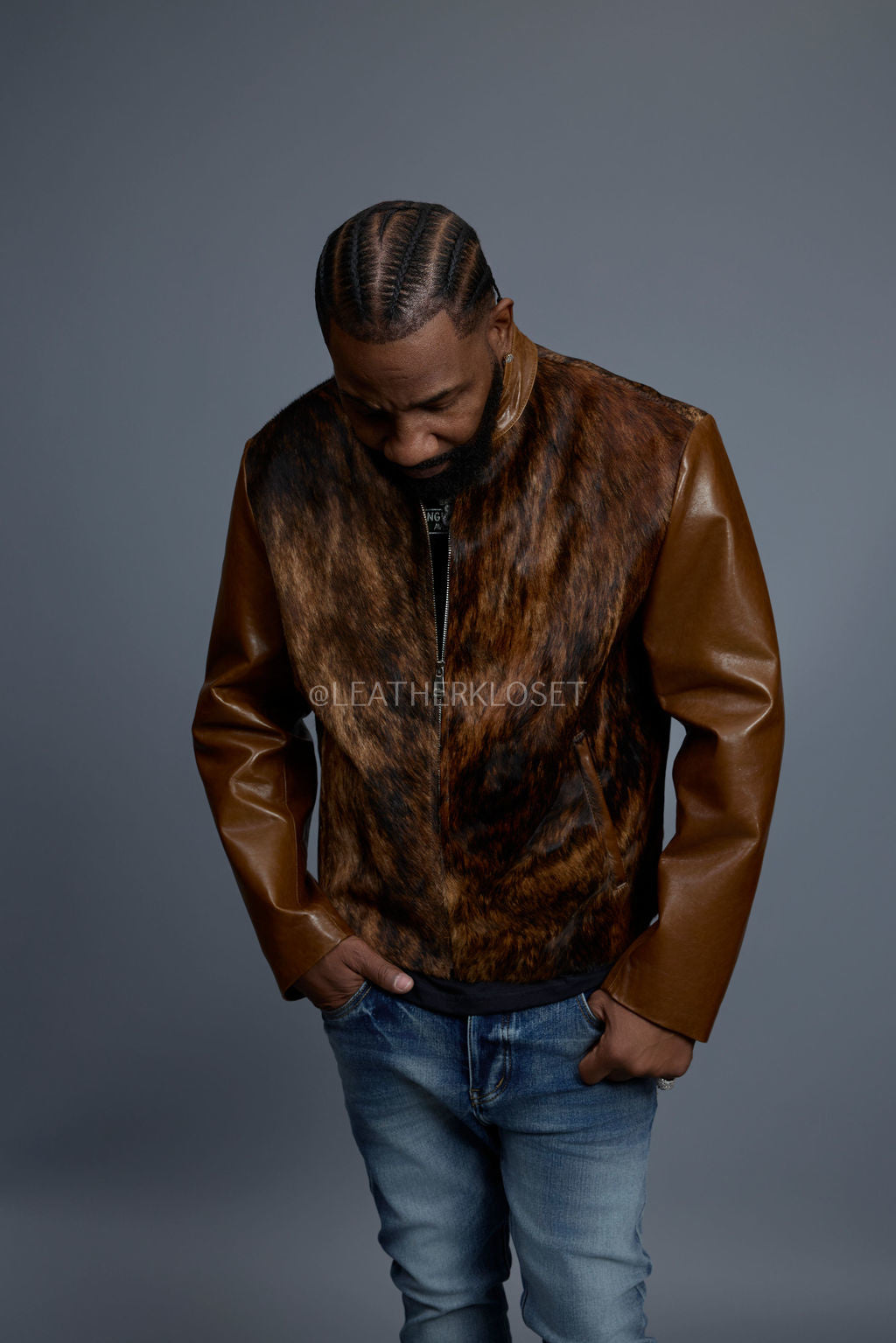 Men's Leather & Pony Biker Combo [Brown]