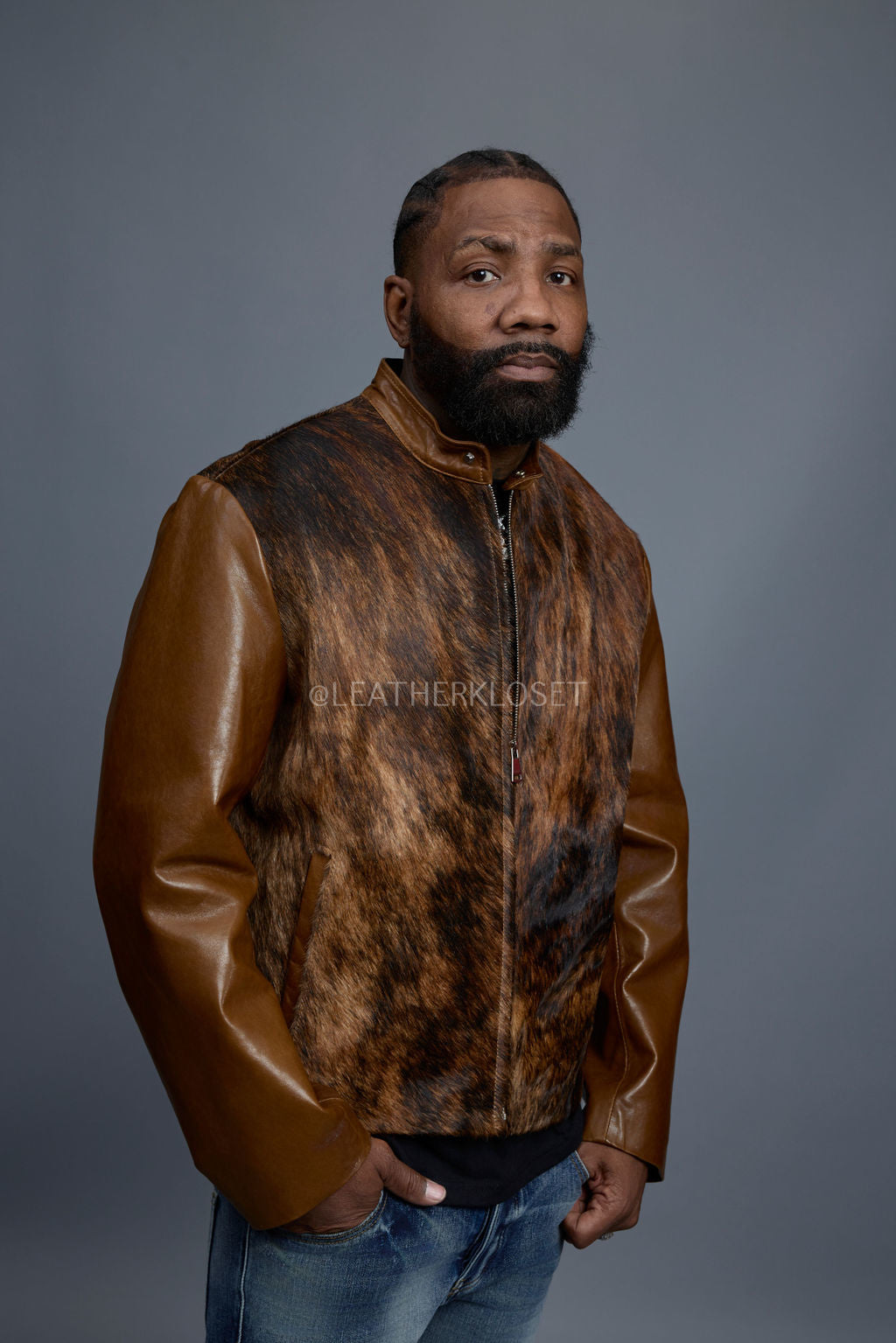 Men's Leather & Pony Biker Combo [Brown]