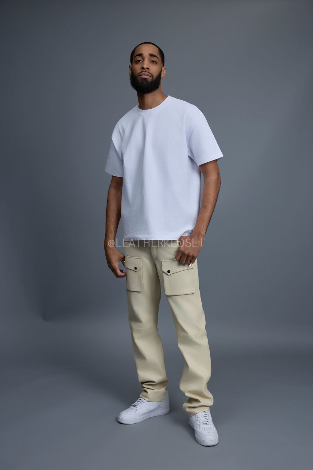 Men's Leather Cargo Jean Pants [Beige]