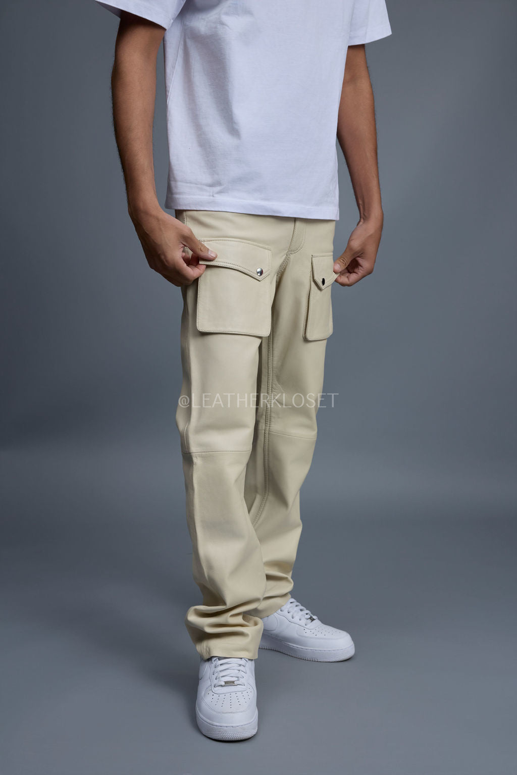Men's Leather Cargo Jean Pants [Beige]