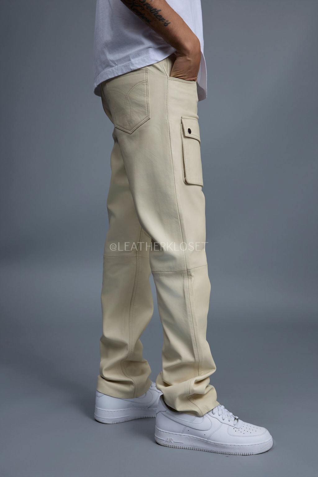 Men's Leather Cargo Jean Pants [Beige]