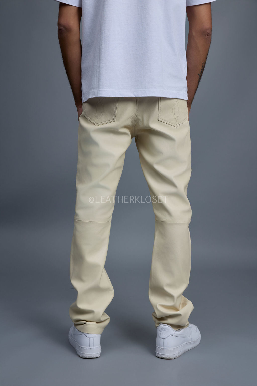 Men's Leather Cargo Jean Pants [Beige]