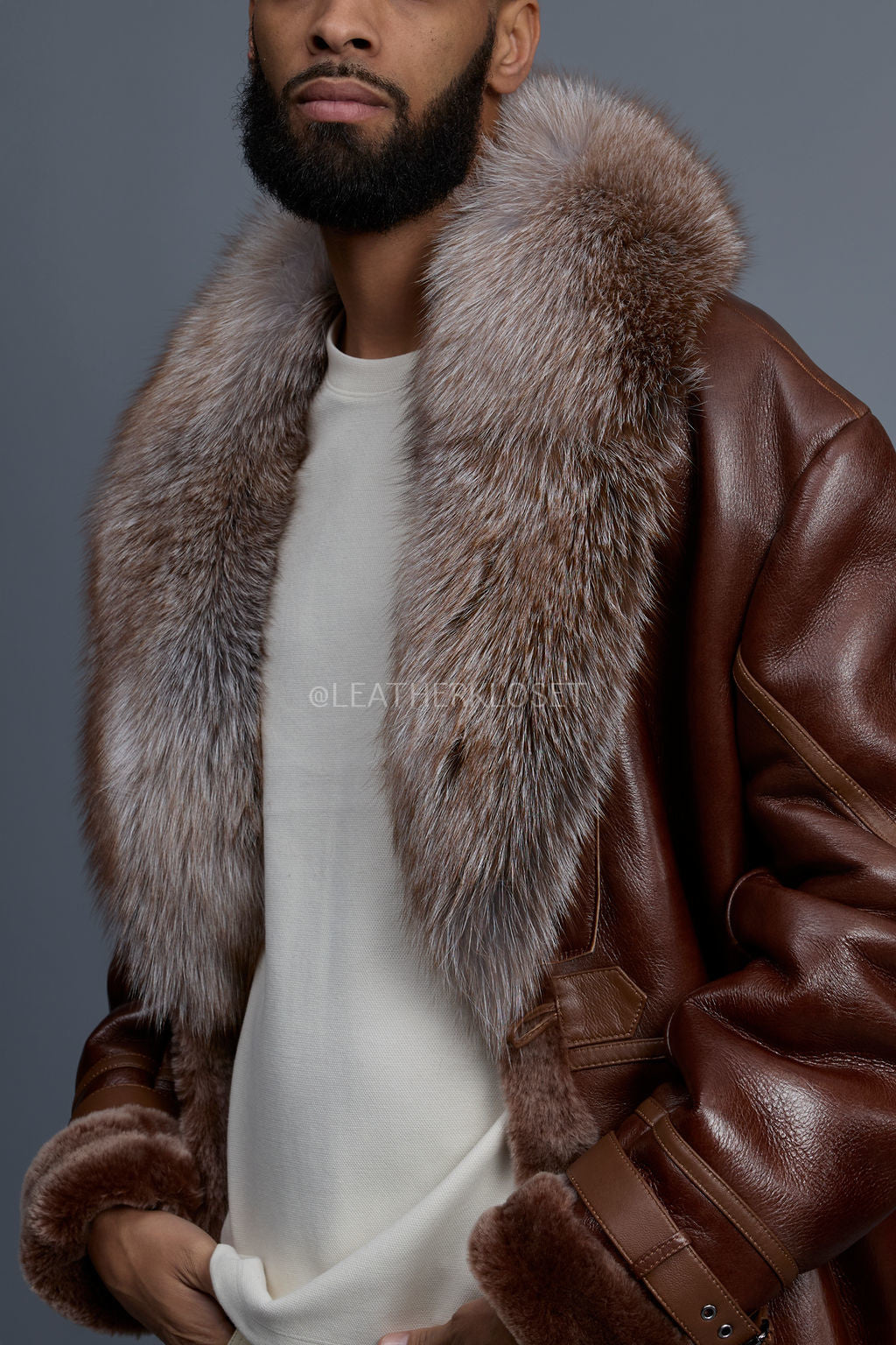 Men's Shearling Trench Coat With Fox [Cognac]