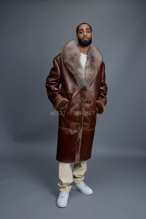 Men's Shearling Trench Coat With Fox [Cognac]