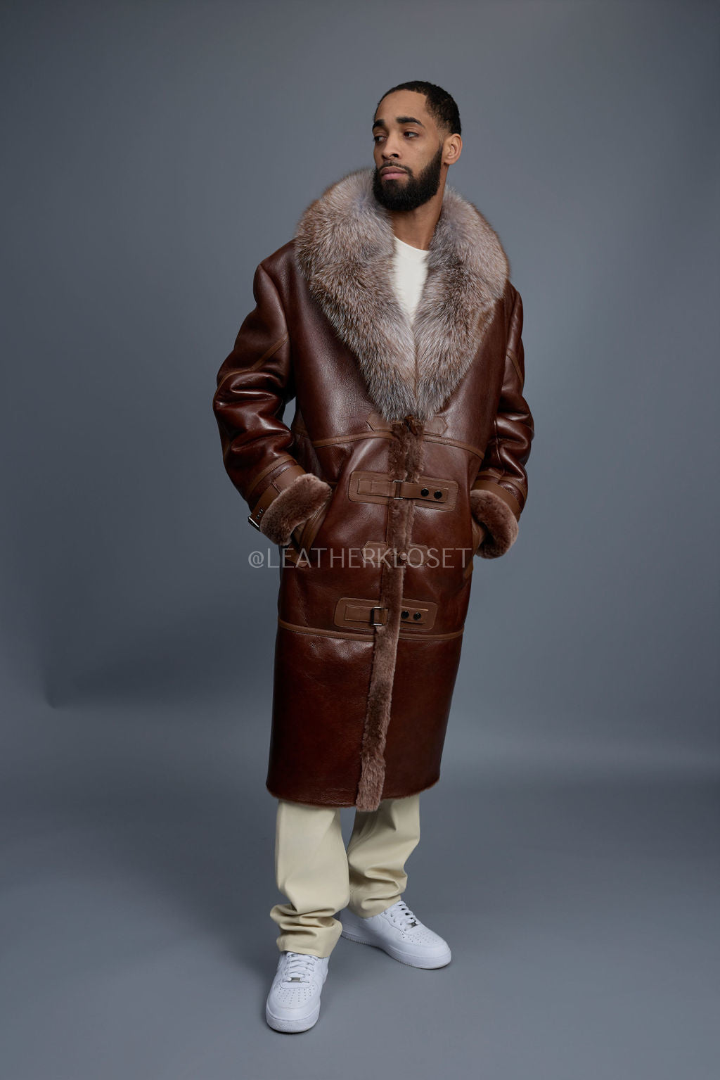 Men's Shearling Trench Coat With Fox [Cognac]