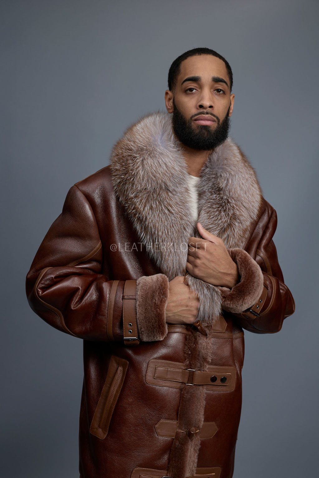 Men's Shearling Trench Coat With Fox [Cognac]