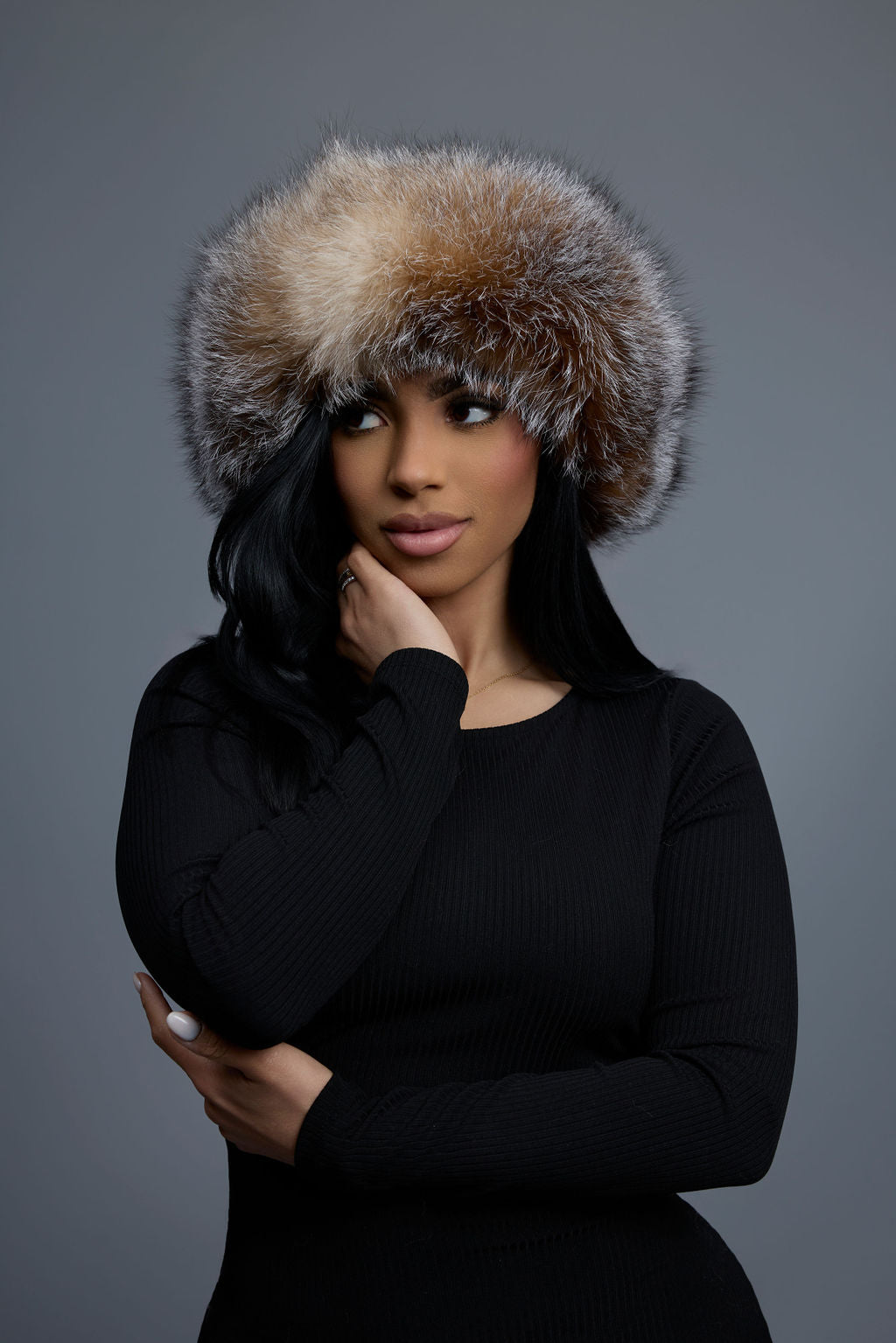 Women's Natalia Leather And Fox Russian Hat [Brown/Crystal]