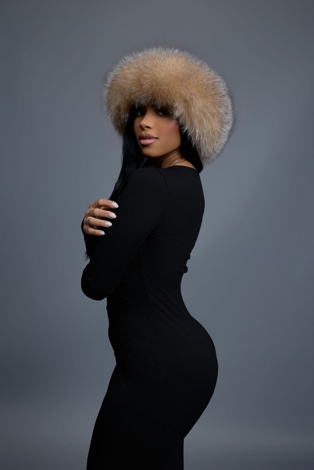Women's Natalia Leather And Fox Russian Hat [Black/Crystal]
