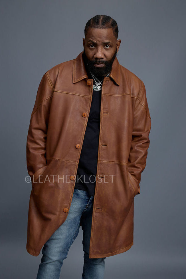 Men's Leather Single Breast Car Coat [Caramel Crunch]
