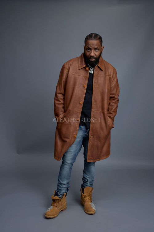 Men's Leather Single Breast Car Coat [Caramel Crunch]