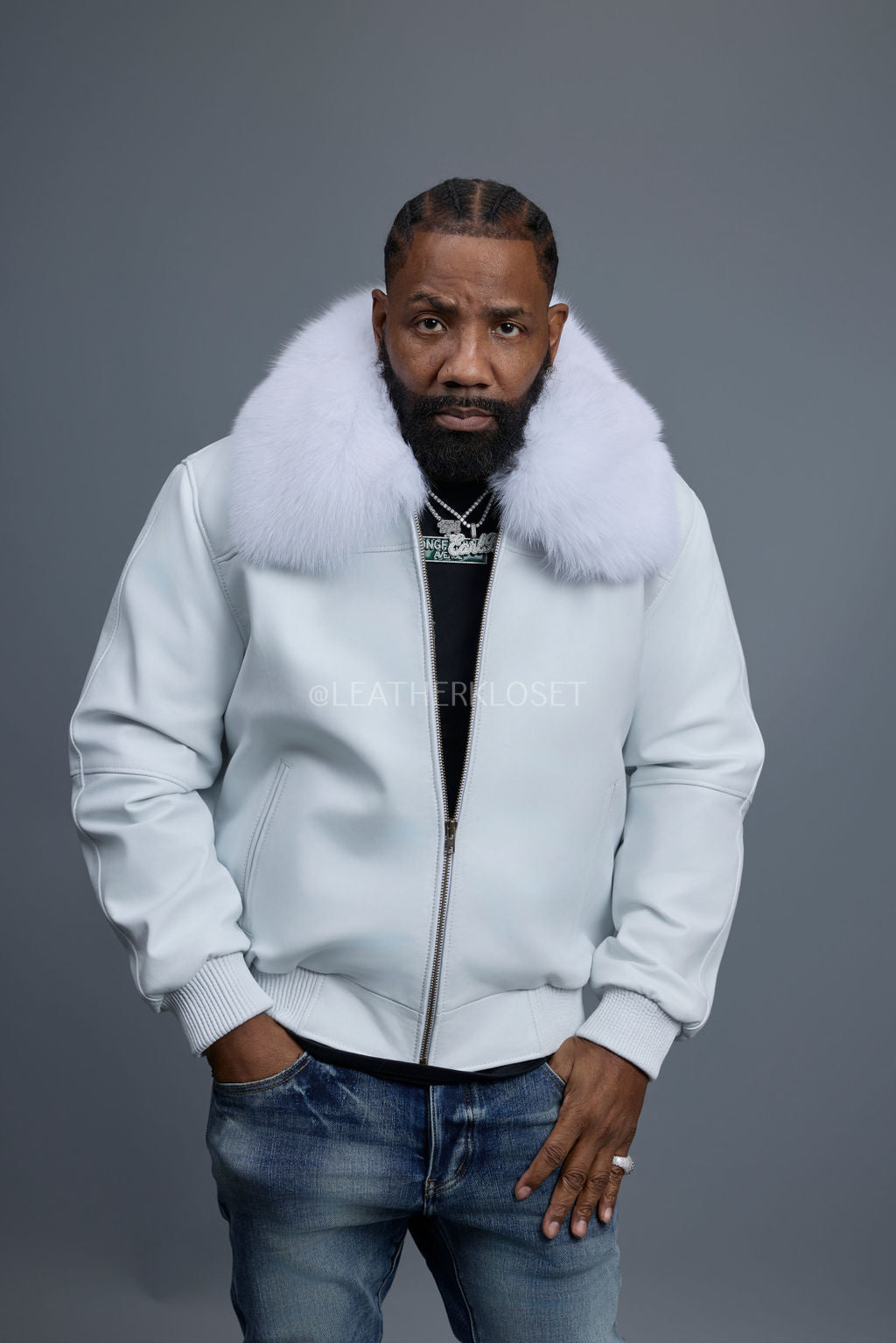 Men's Classic Baseball Leather Jacket With Fox Collar [White]