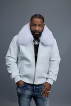 Men's Classic Baseball Leather Jacket With Fox Collar [White]