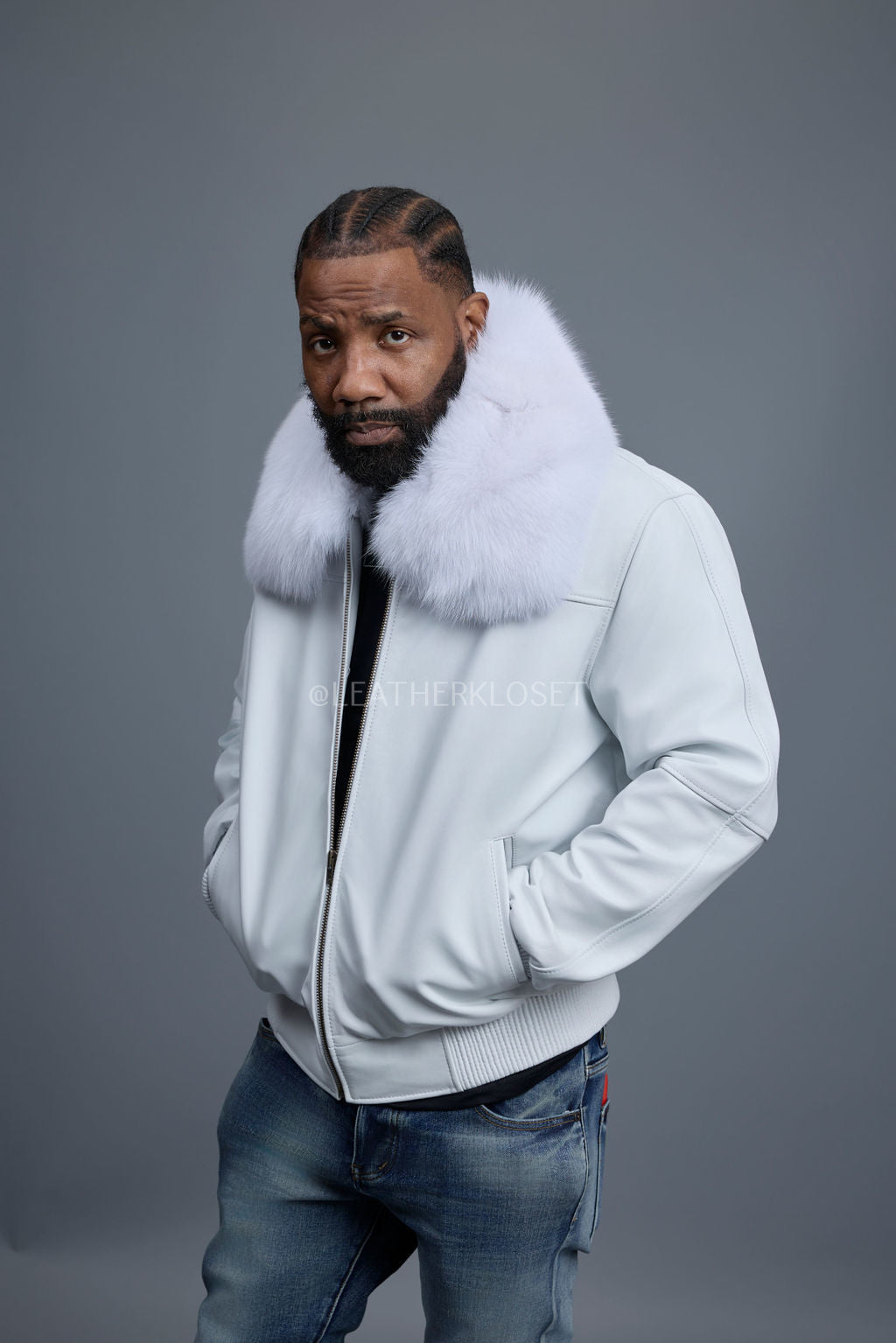 Men's Classic Baseball Leather Jacket With Fox Collar [White]