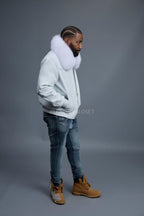 Men's Classic Baseball Leather Jacket With Fox Collar [White]