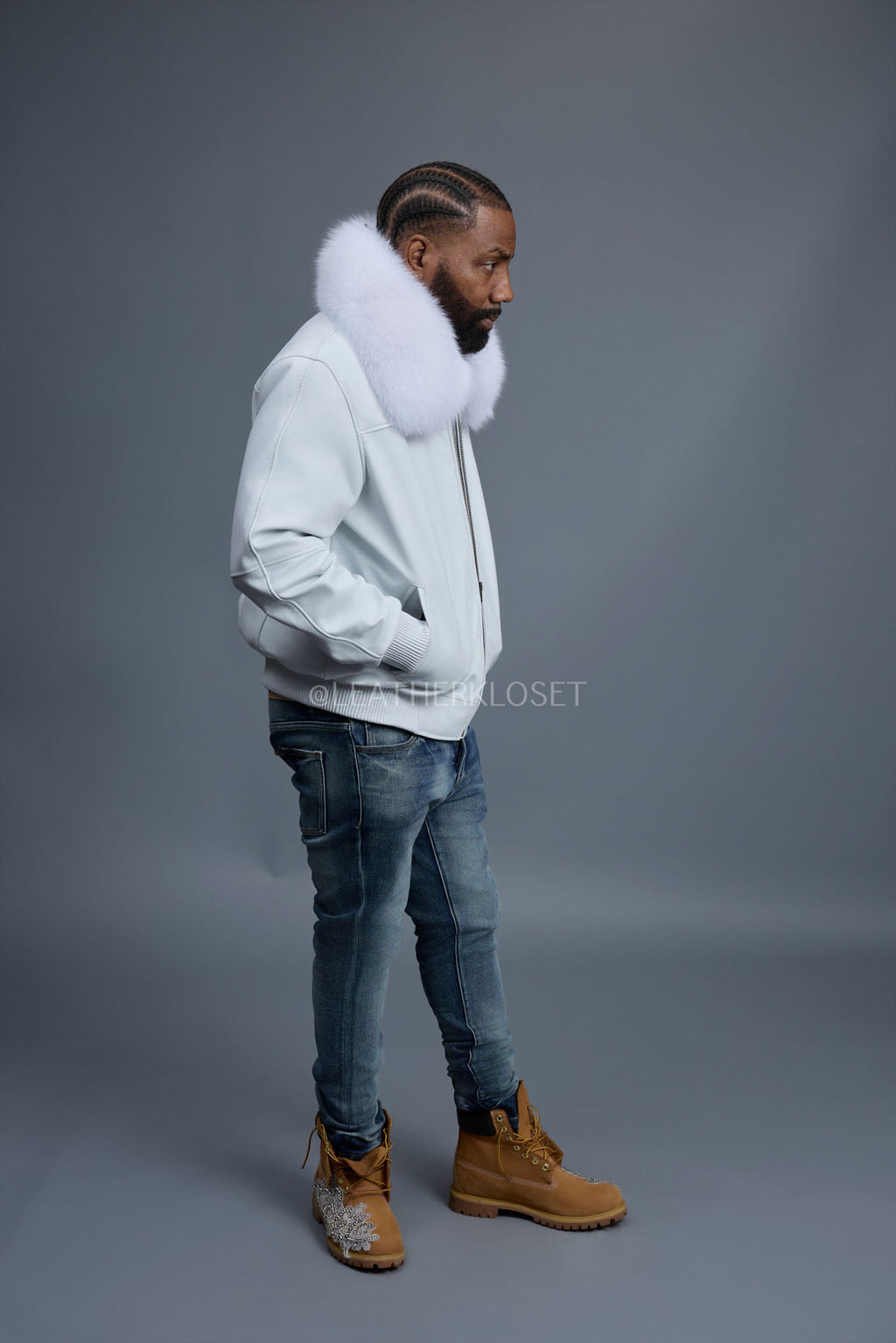 Men's Classic Baseball Leather Jacket With Fox Collar [White]