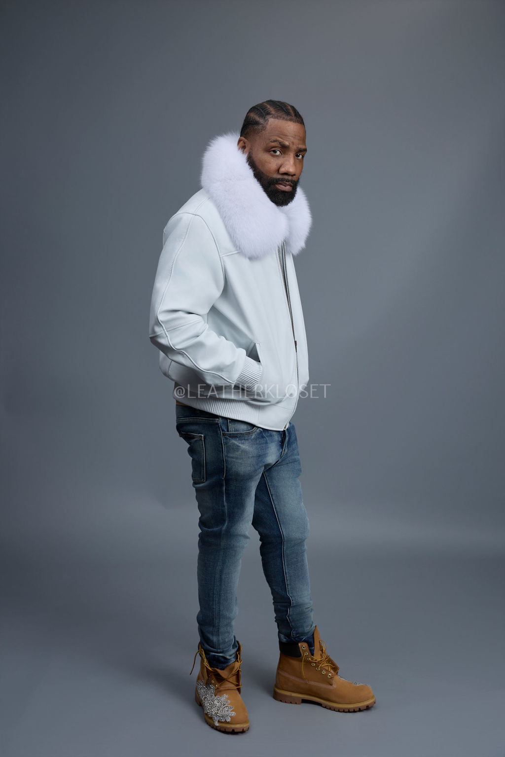 Men's Classic Baseball Leather Jacket With Fox Collar [White]