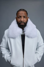 Men's Classic Baseball Leather Jacket With Fox Collar [White]