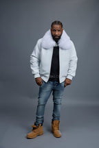 Men's Classic Baseball Leather Jacket With Fox Collar [White]