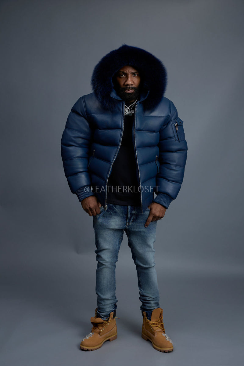 Men’s Aspen Leather Bubble Bomber Jacket [Navy]