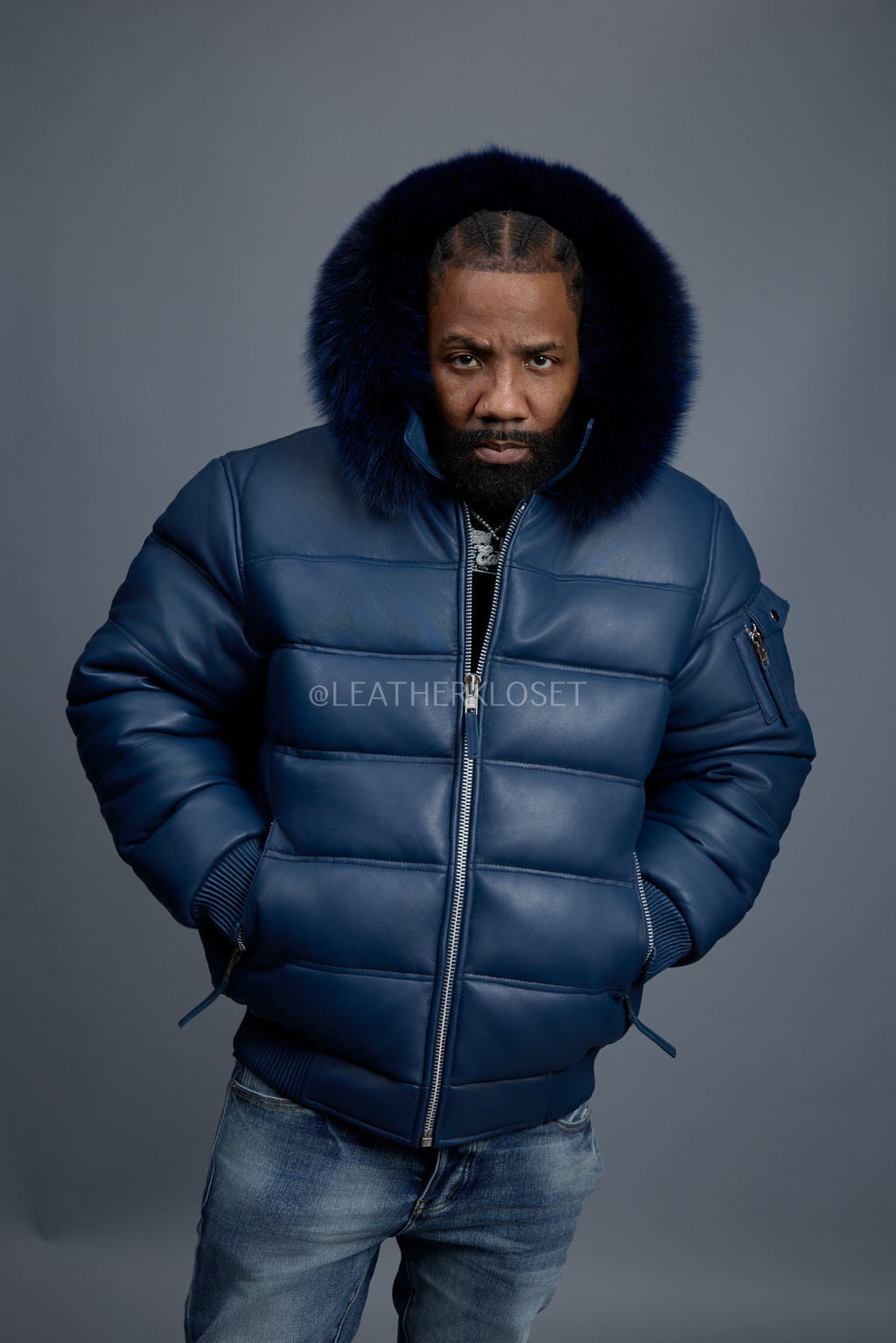 Men’s Aspen Leather Bubble Bomber Jacket [Navy]