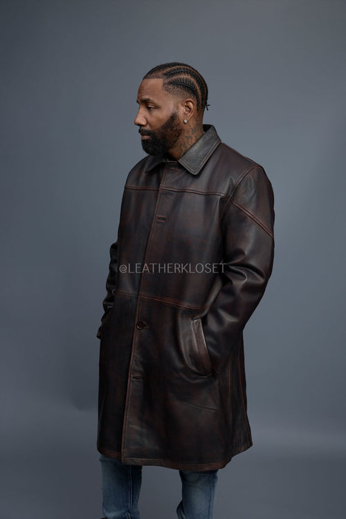 Men's Leather Single Breast Car Coat [Copper]