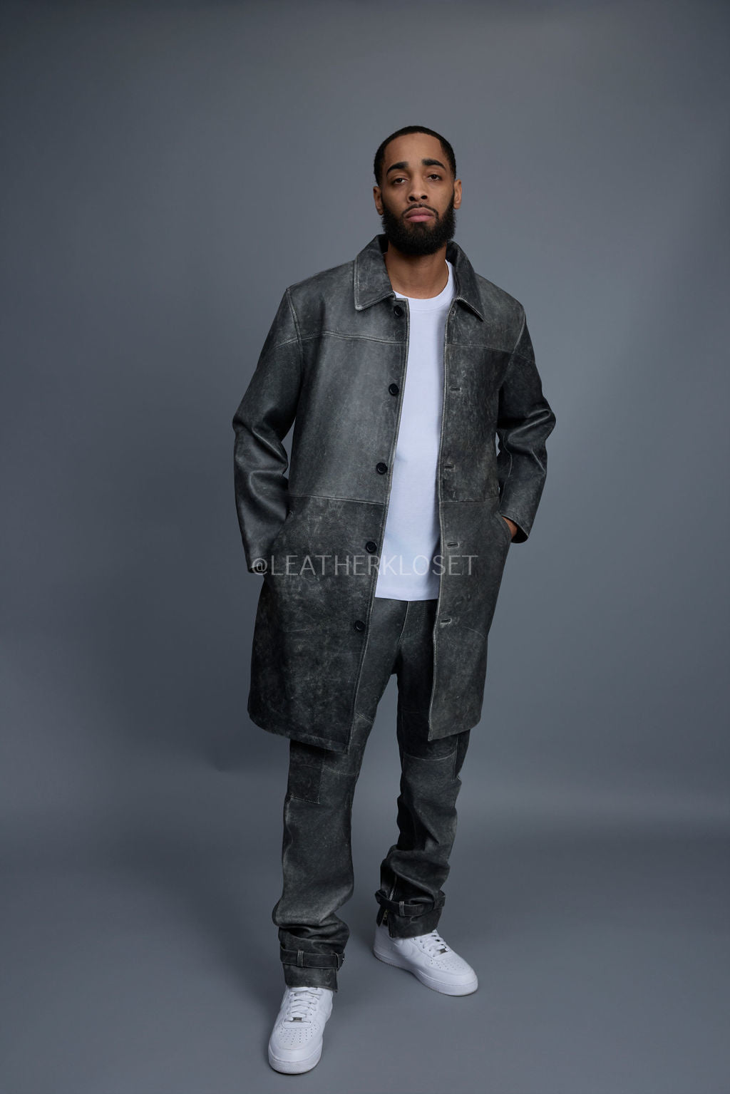 Men's Leather Single Breast Car Coat [Distressed Grey]