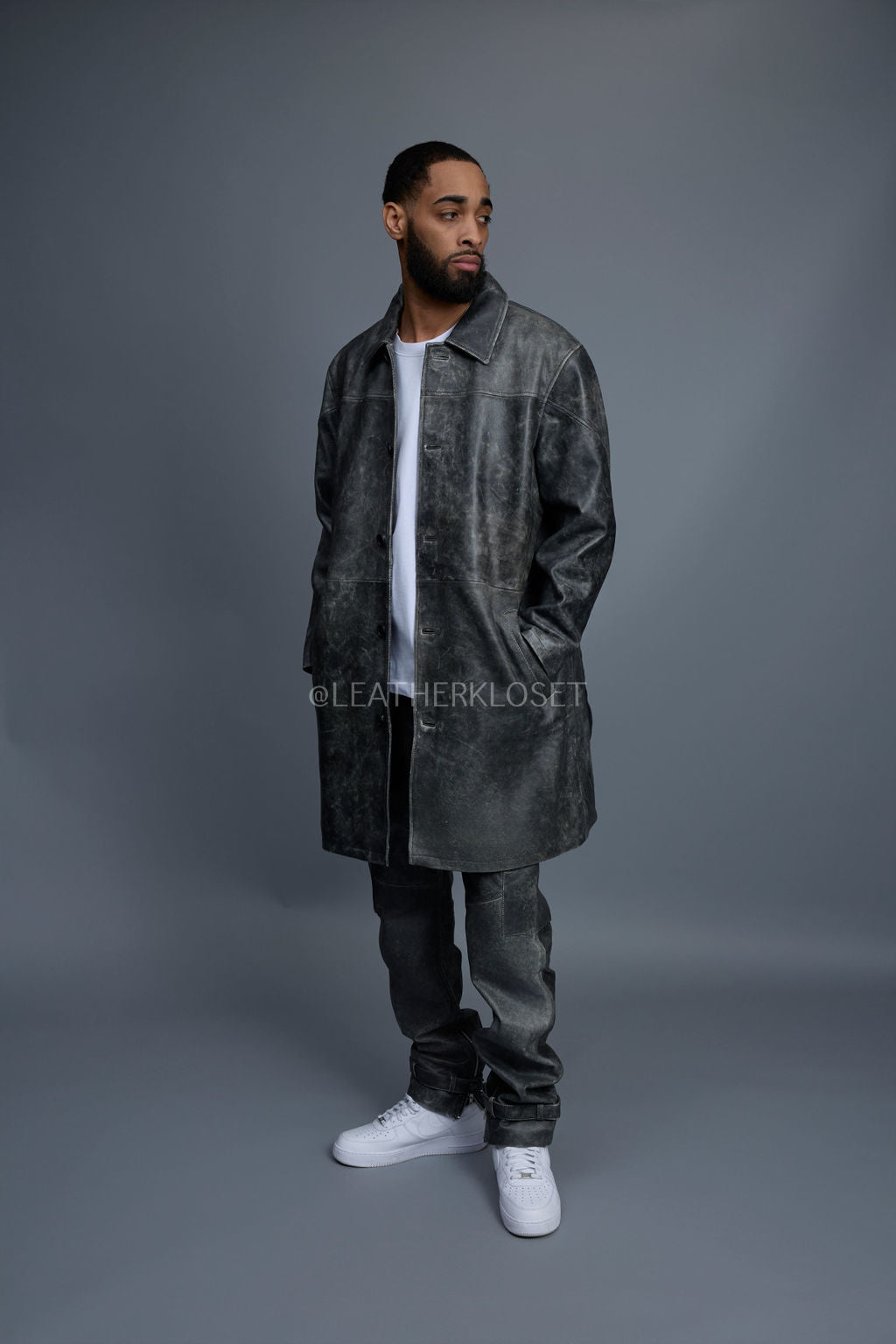 Men's Leather Single Breast Car Coat [Distressed Grey]