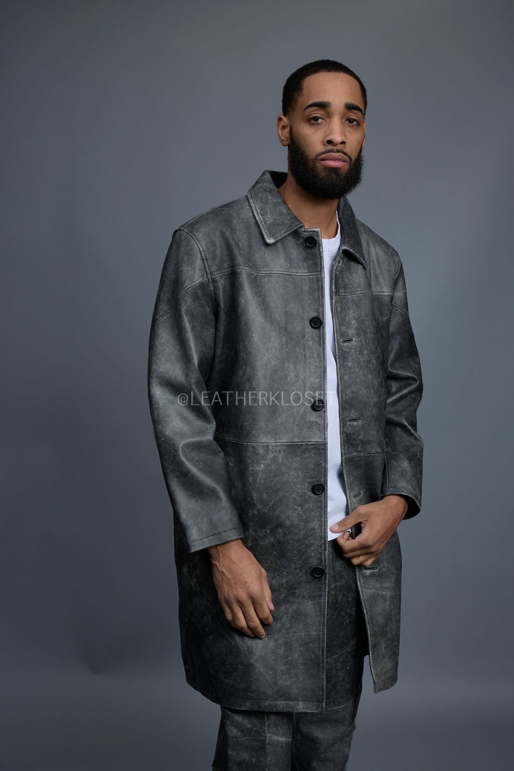 Men's Leather Single Breast Car Coat [Distressed Grey]