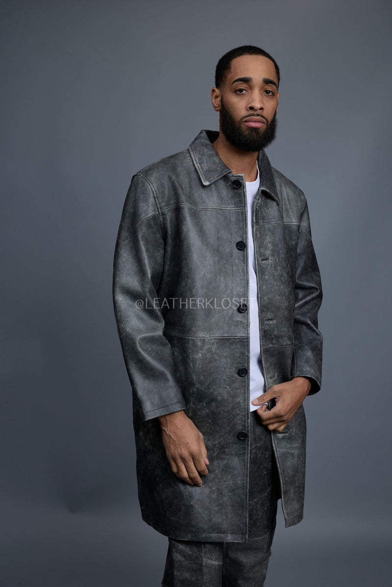 Men's Leather Single Breast Car Coat [Distressed Grey]