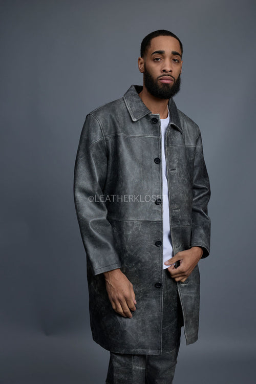 Men's Leather Single Breast Car Coat [Distressed Grey]