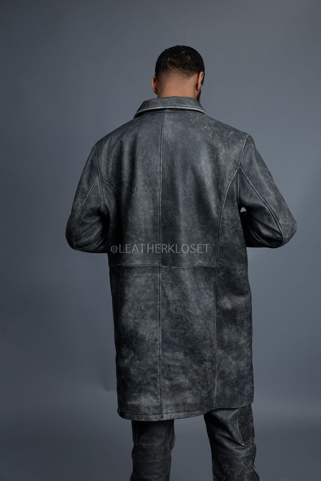 Men's Leather Single Breast Car Coat [Distressed Grey]
