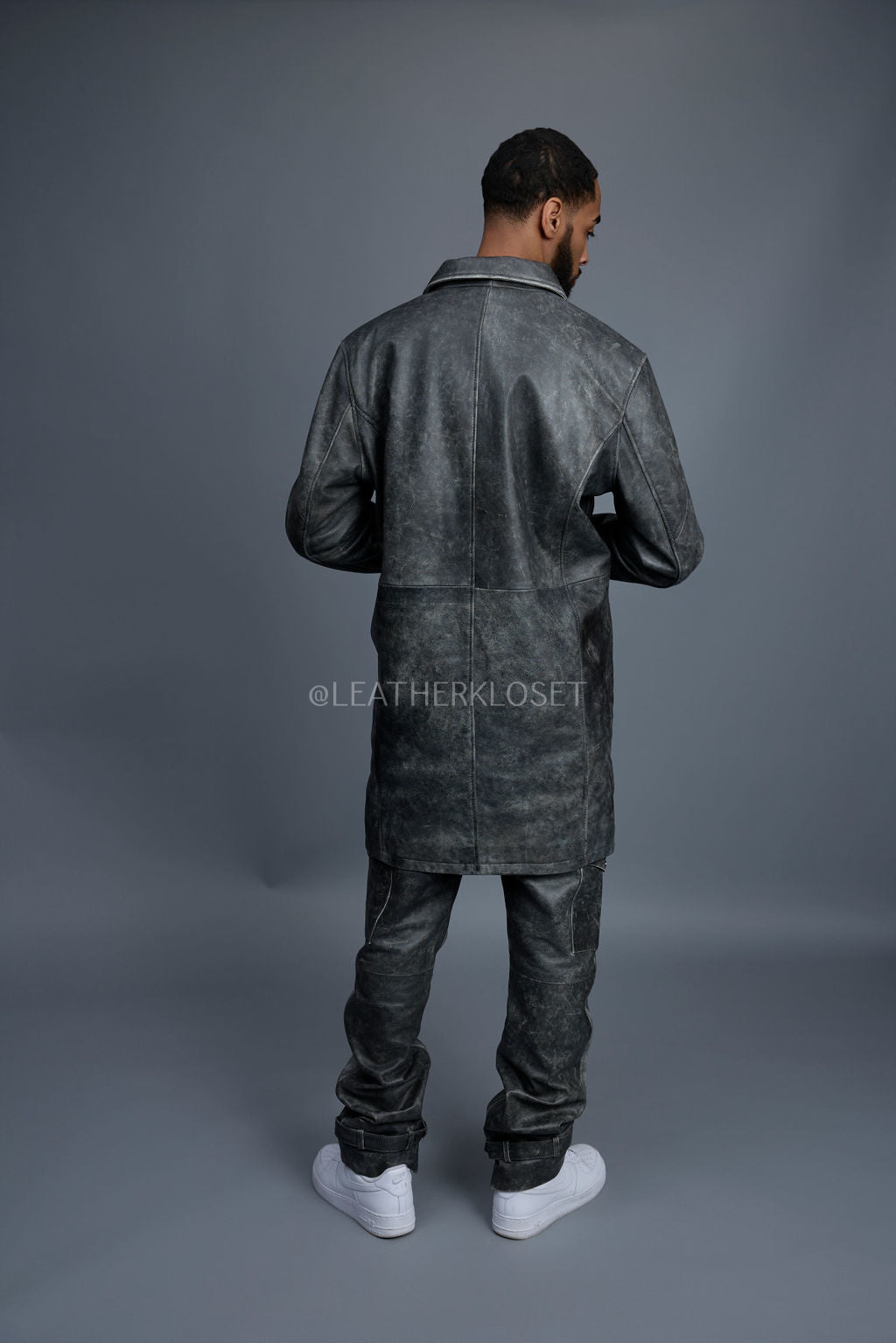 Men's Leather Single Breast Car Coat [Distressed Grey]