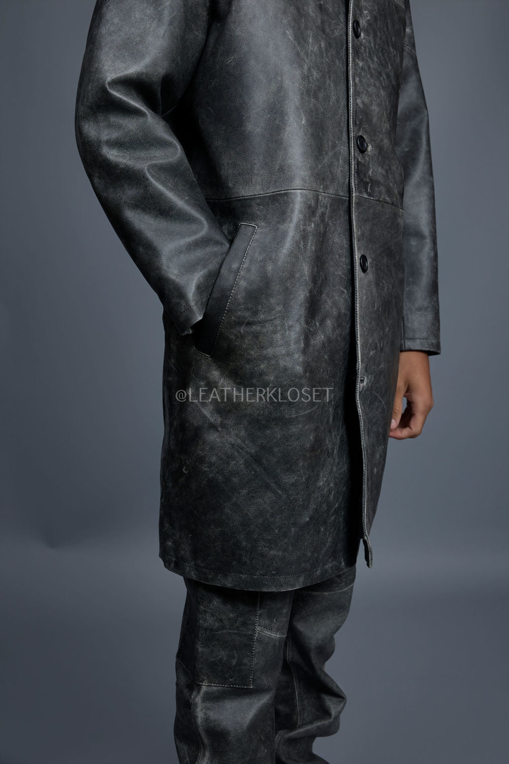 Men's Leather Single Breast Car Coat [Distressed Grey]