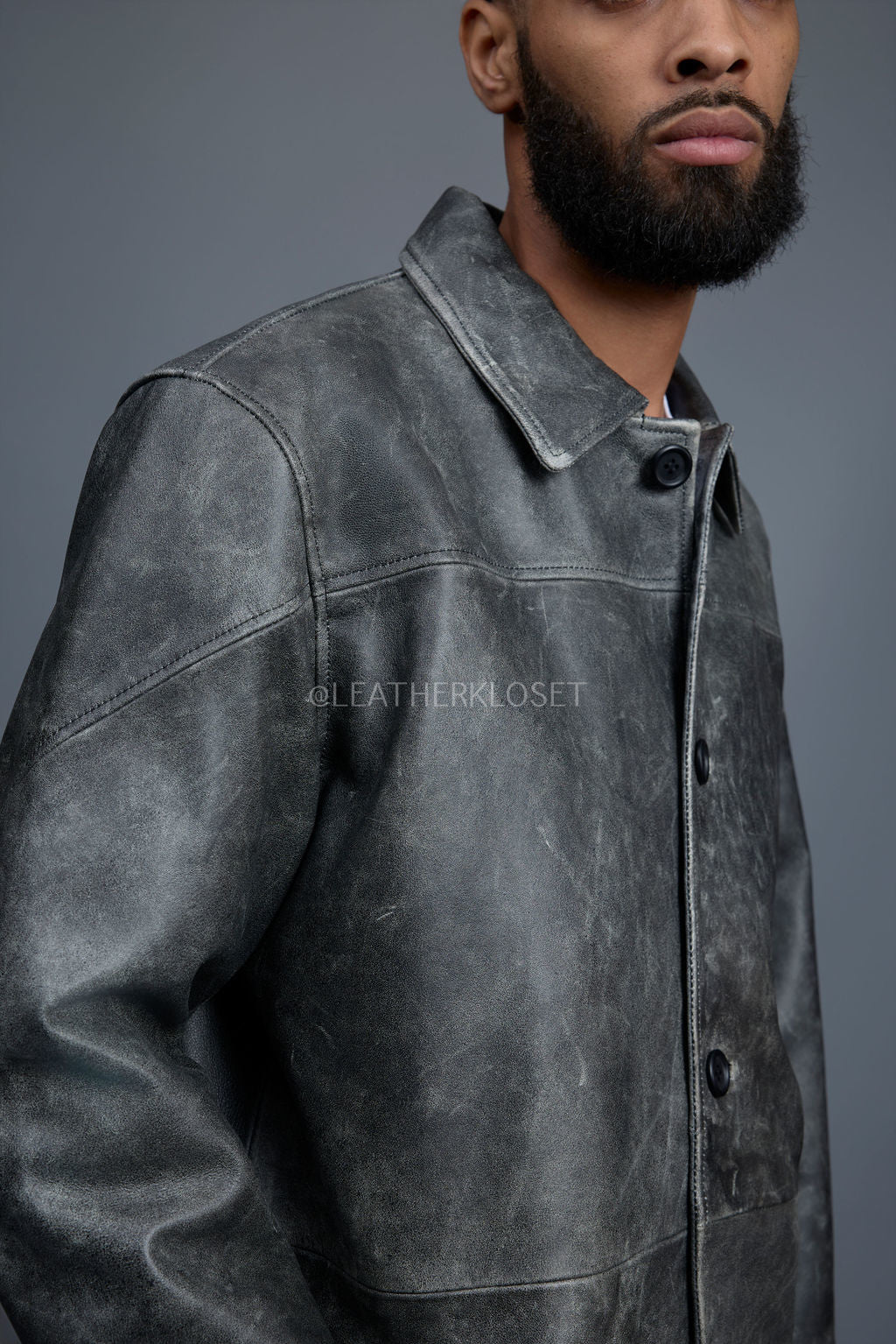 Men's Leather Single Breast Car Coat [Distressed Grey]