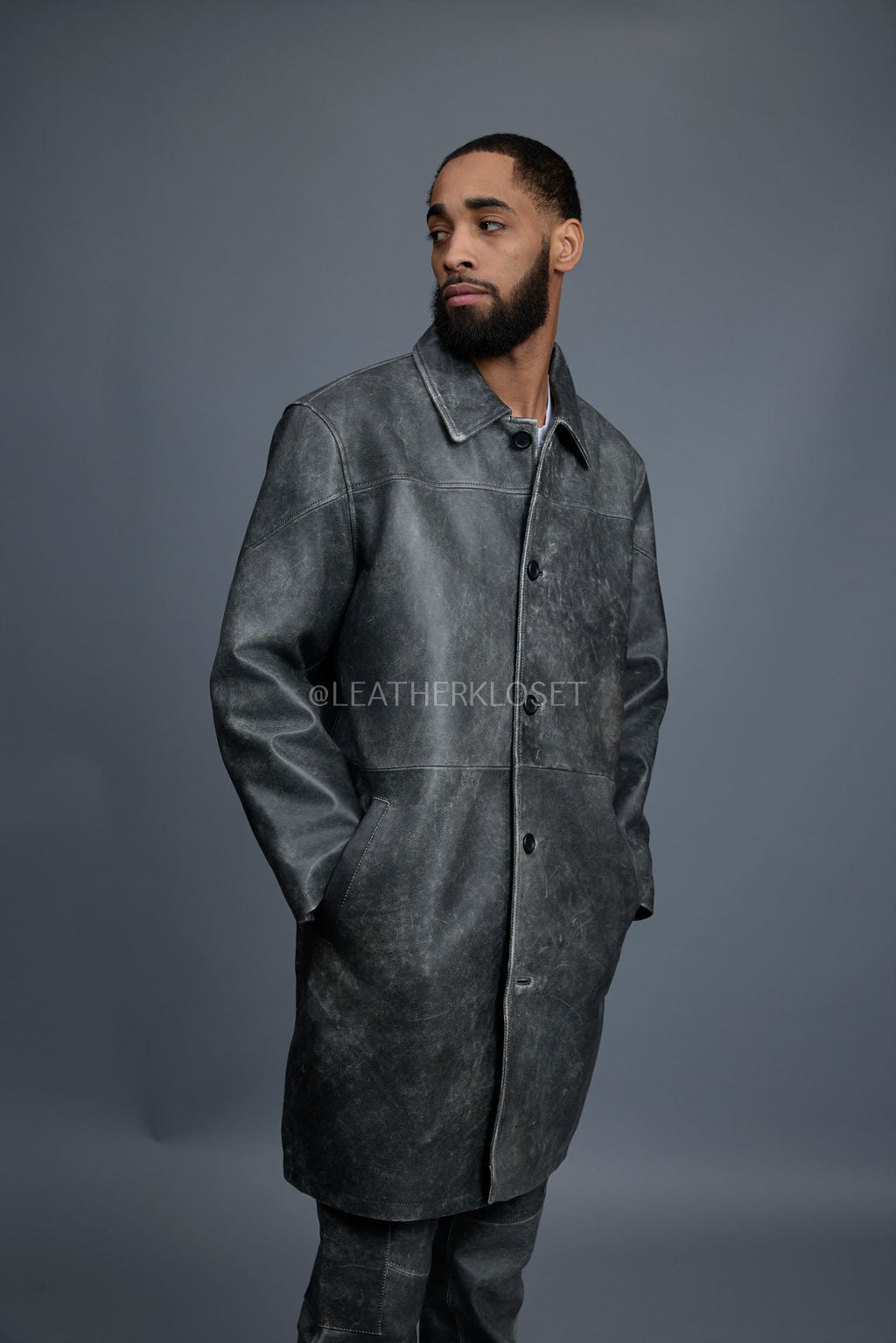 Men's Leather Single Breast Car Coat [Distressed Grey]