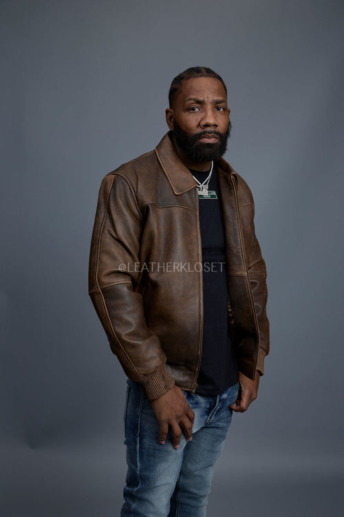Men's Classic Baseball Leather Jacket With Collar [Antique Brown]