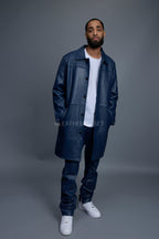 Men's Leather Single Breast Car Coat [Navy]