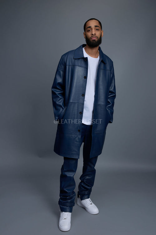 Men's Leather Single Breast Car Coat [Navy]