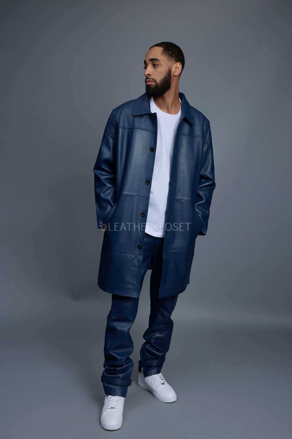 Men's Leather Single Breast Car Coat [Navy]